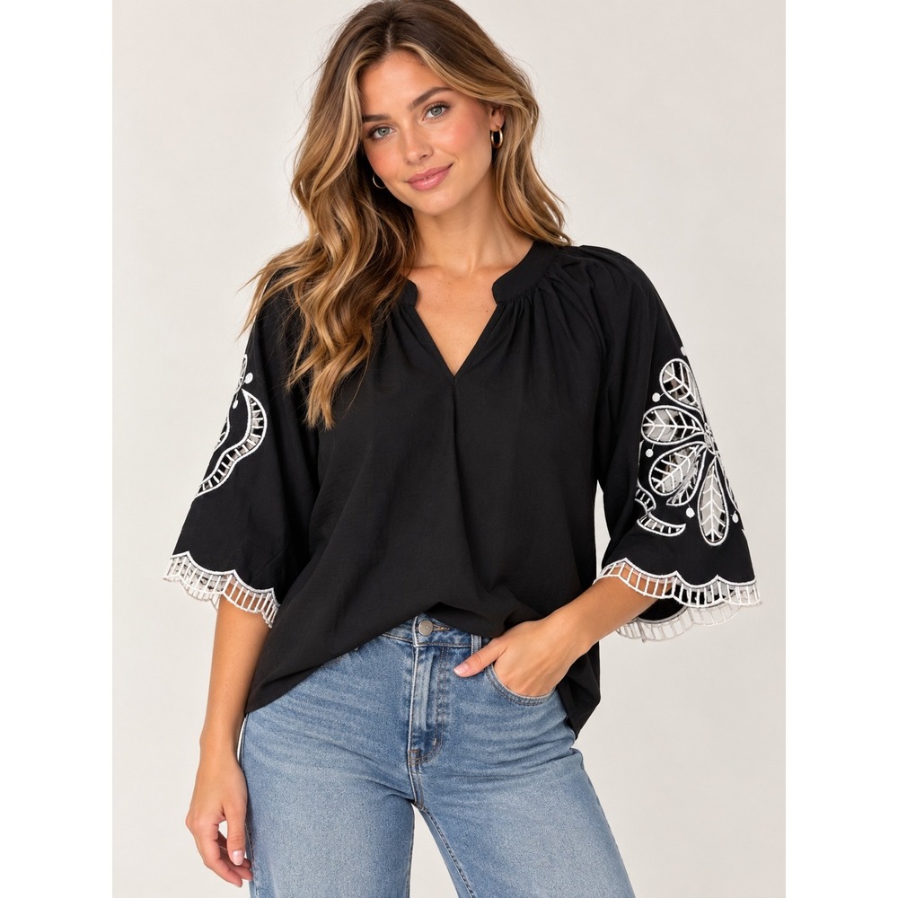 Solitaire Black Embroidered Boho Tunic Top Linen Cotton NWT M